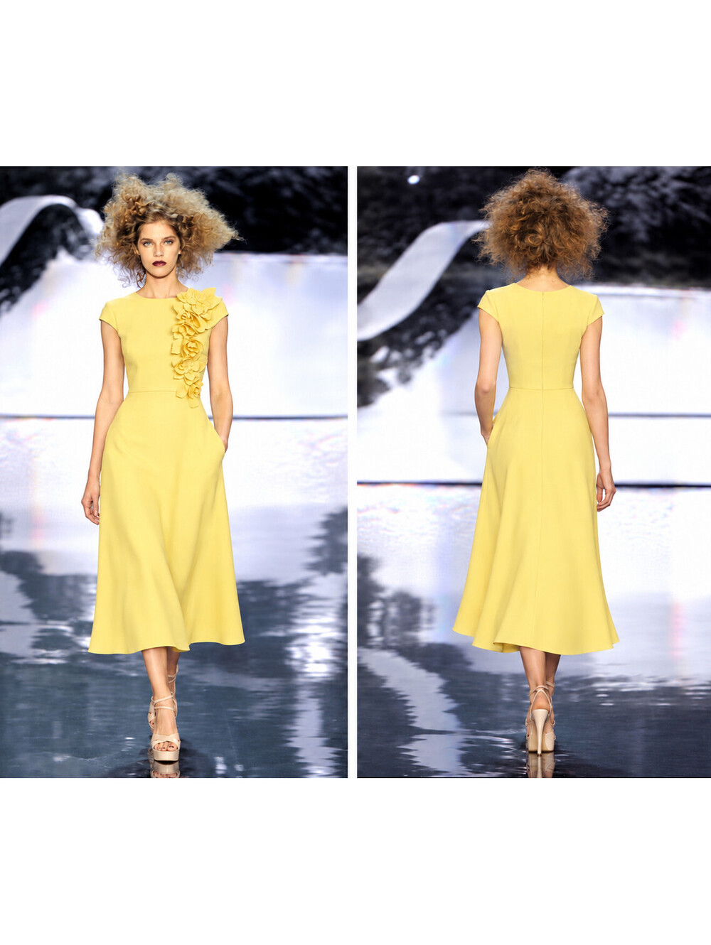 $600 Badgley Mischka Floral Appliqué Cap-Sleeve Midi Dress sz 4 Marigold Yellow